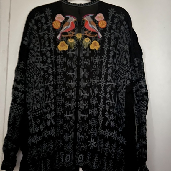 Johnny Was black heavily embroidered LS top birds RARE - Picture 2 of 16